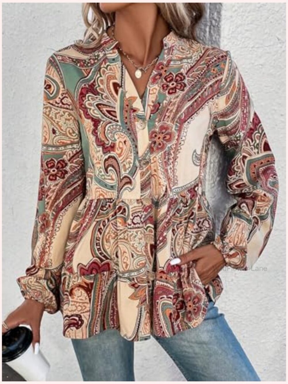 Boho Paisley Printed Notched V Neck Bishop Long Sleeve Ruffle Hem Blouse Peplum - Picture 5 of 5